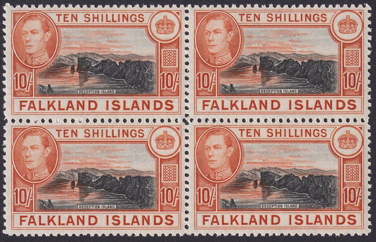 Falkland Islands 1949 KGVI 10sh Black + Red-Orange Block of 4 Mint SG162b c£560