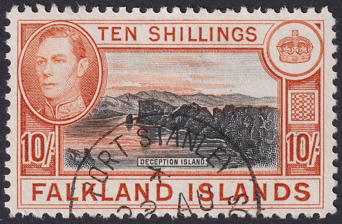 Falkland Islands 1942 KGVI 10sh Black and Light Orange Used SG162a cat £65