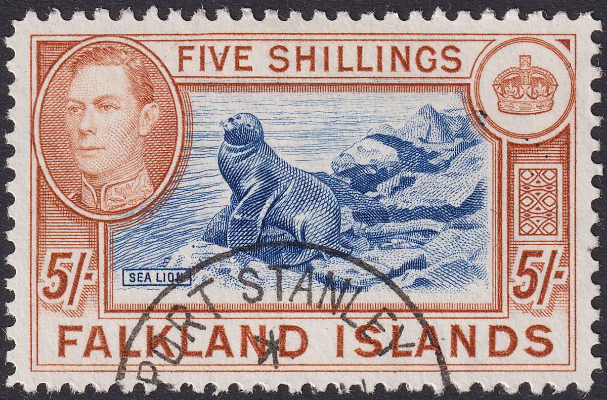 Falkland Islands 1938 KGVI 5sh Indigo and Pale Yellow-Brown Used SG161b cat £90