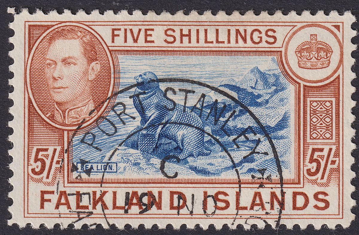 Falkland Islands 1938 KGVI 5sh Blue and Chestnut Used SG161 cat £95