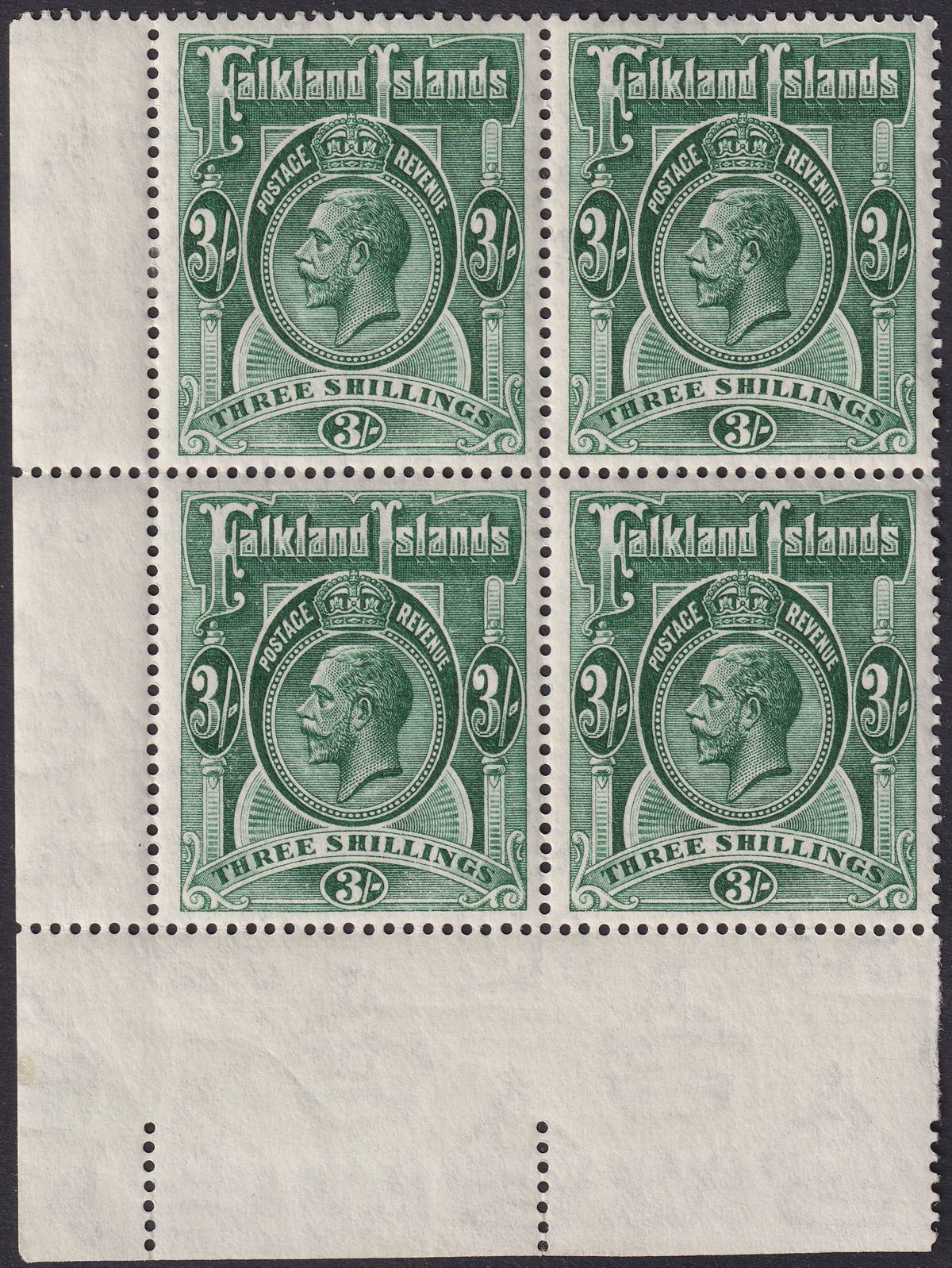 Falkland Islands 1923 KGV 3sh Slate-Green Corner Block of 4 Mint SG80 cat £440