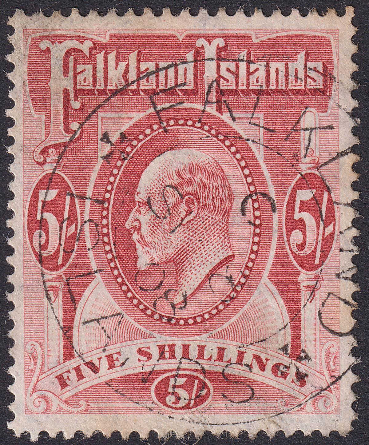 Falkland Islands 1904 KEVII 5sh Red Used SG50 cat £180 with tones