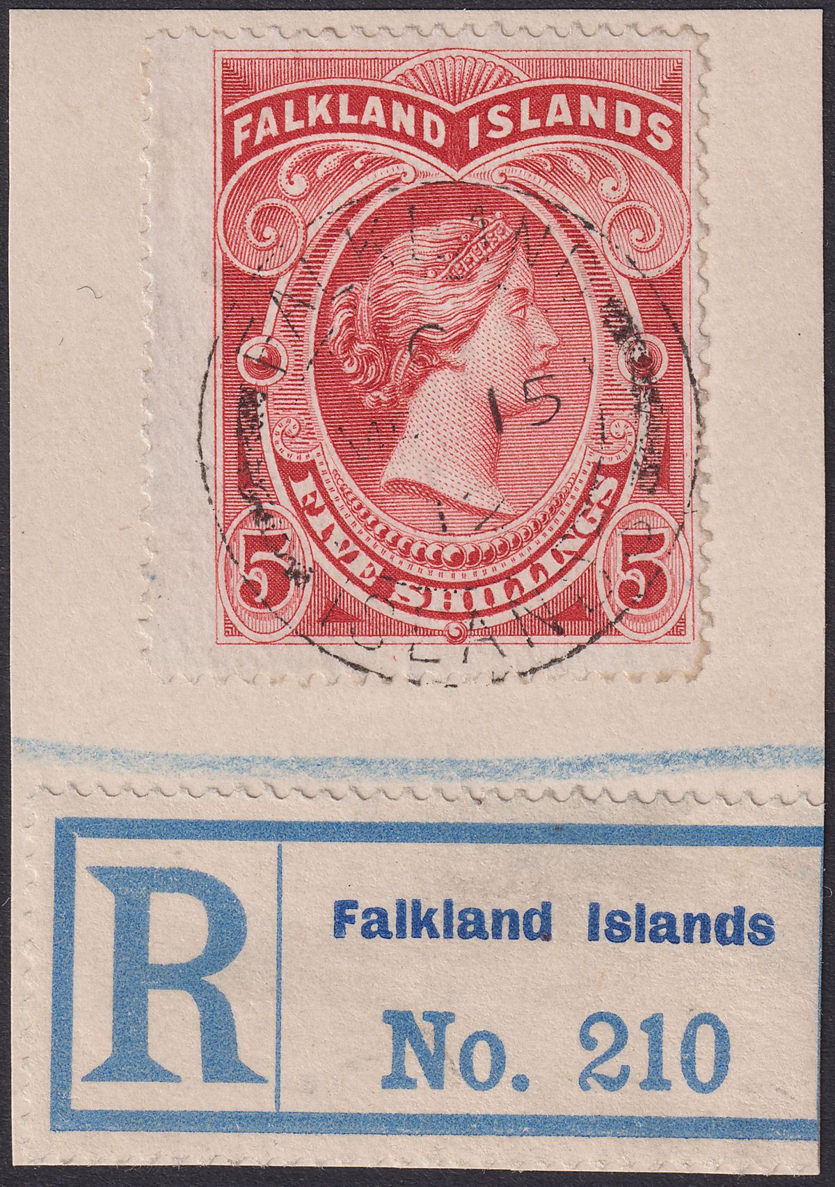 Falkland Islands 1898 QV 5sh Red Used on Registered Piece SG42 cat £275