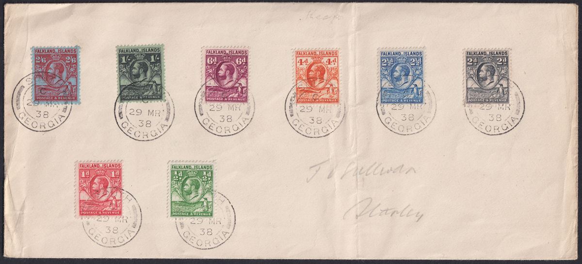 Falkland Islands 1938 KGV Whale Penguins Set to 2sh6d Used Cover SOUTH GEORGIA
