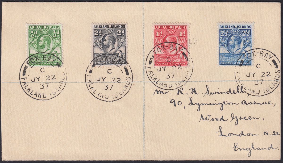 Falkland Islands 1937 KGV Whale Penguins Set to 2½d Used Cover FOX BAY Postmarks