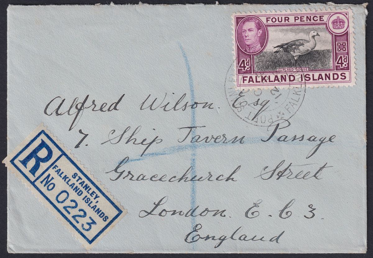 Falkland Islands 1938 KGVI 4d Black + Purple Used on Reg Commercial Cover SG154