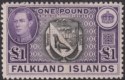 Click for more photos and details Falkland Islands 1944 KGVI £1 Grey-Black + Bluish Violet Mint SG163 c£130 discol