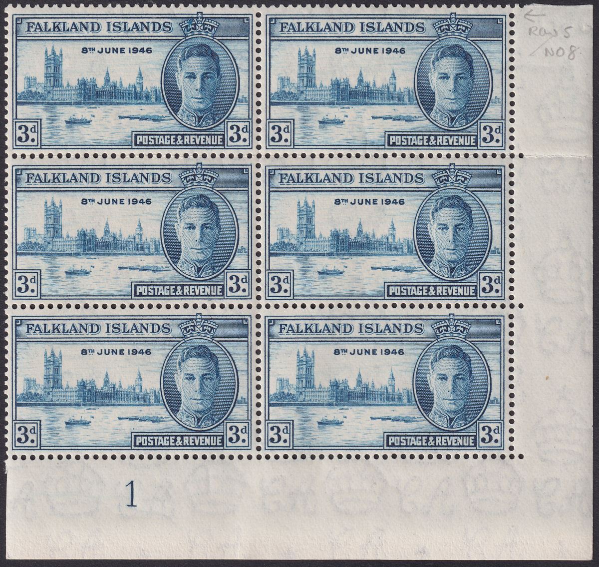 Falkland Islands 1946 KGVI Victory 3d Block w Crown Flaw + Re-Entry Mint SG165a