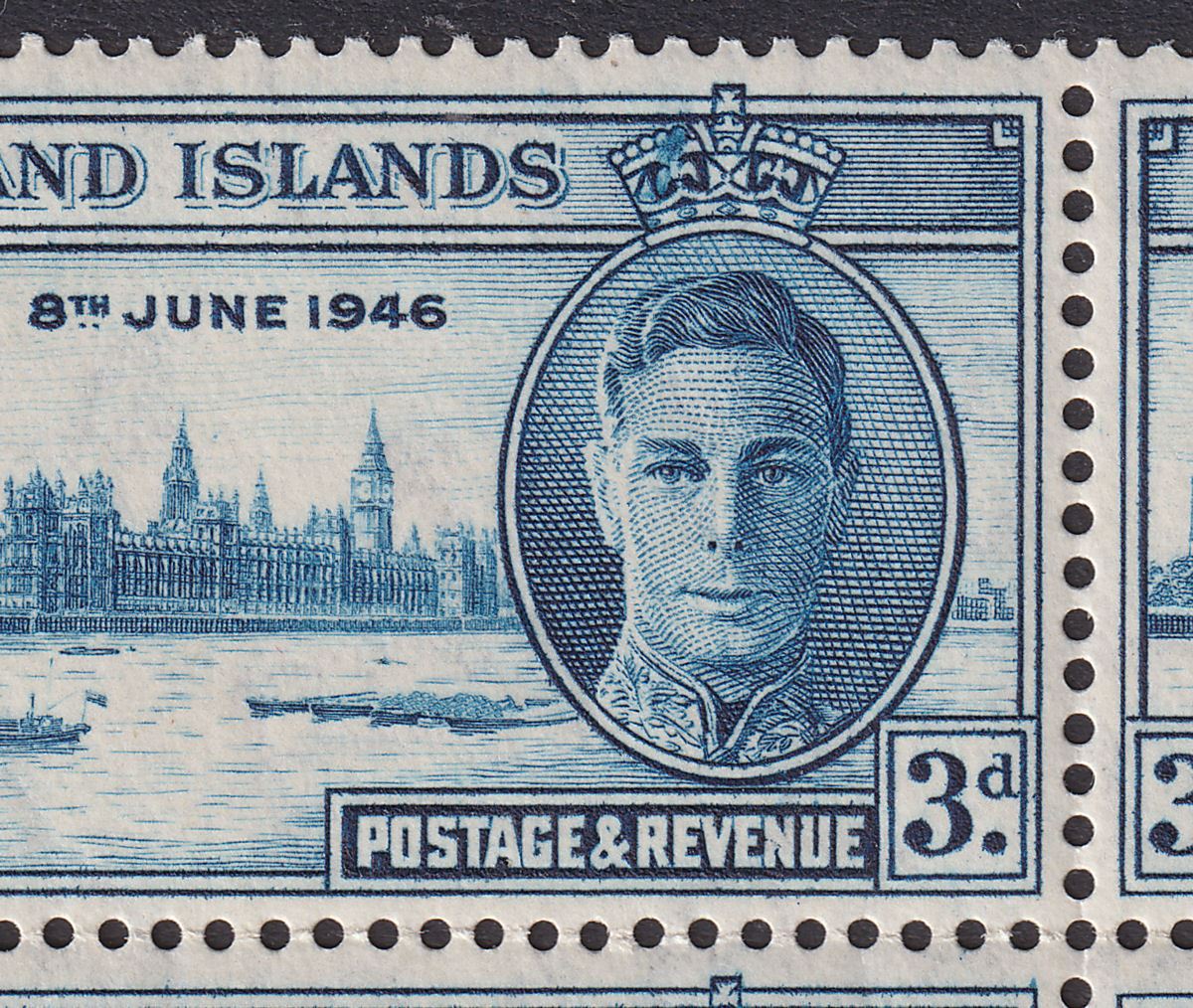 Falkland Islands 1946 KGVI Victory 3d Block w Crown Flaw + Re-Entry Mint SG165a