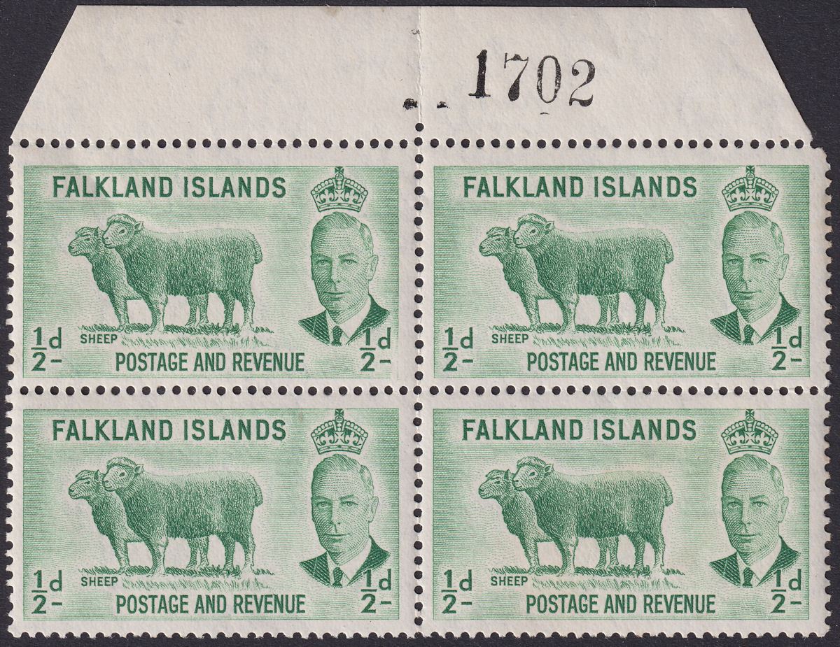 Falkland Islands 1952 KGVI ½d Green Block Variety Missing Frame Line Mint SG172v