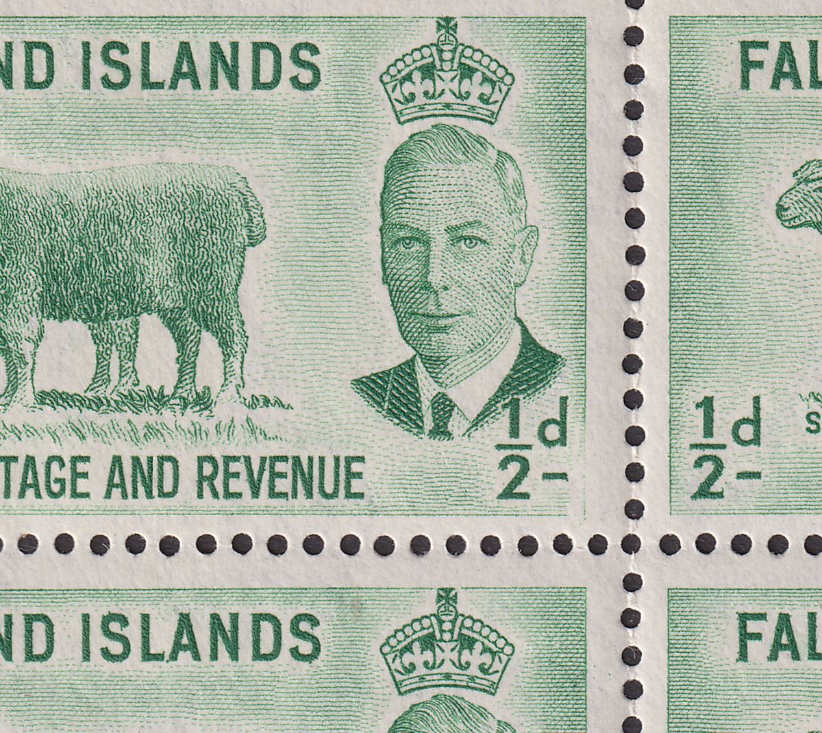 Falkland Islands 1952 KGVI ½d Green Block Variety Missing Frame Line Mint SG172v