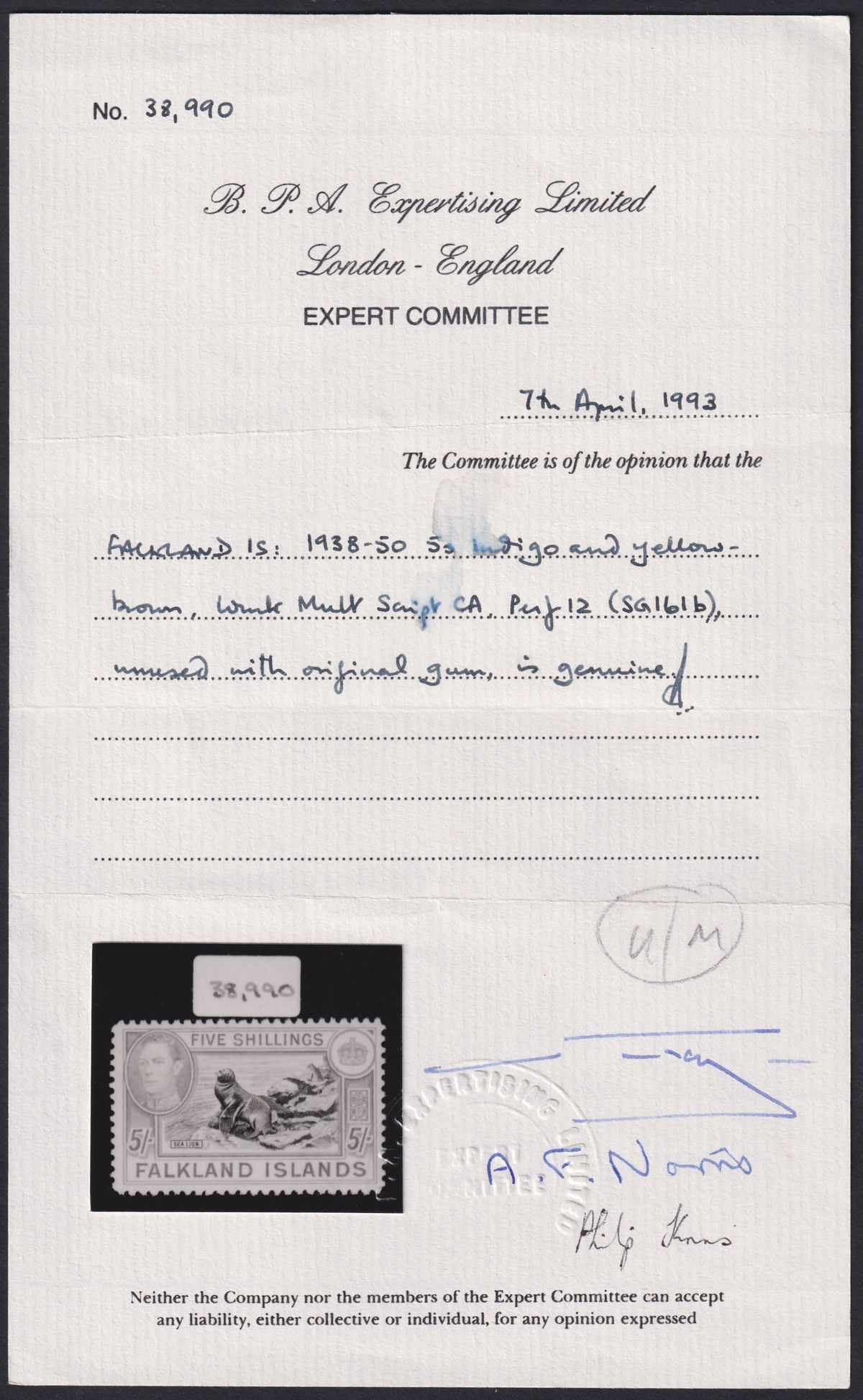 Falkland Islands 1938 KGVI 5sh Indigo + Yellow-Brown UM Mint SG161b c£1100 cert