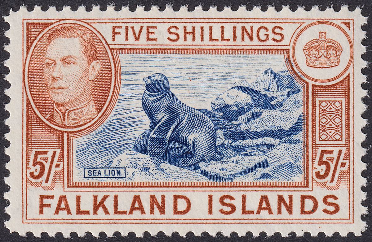 Falkland Islands 1938 KGVI 5sh Indigo + Yellow-Brown UM Mint SG161b c£1100 tone