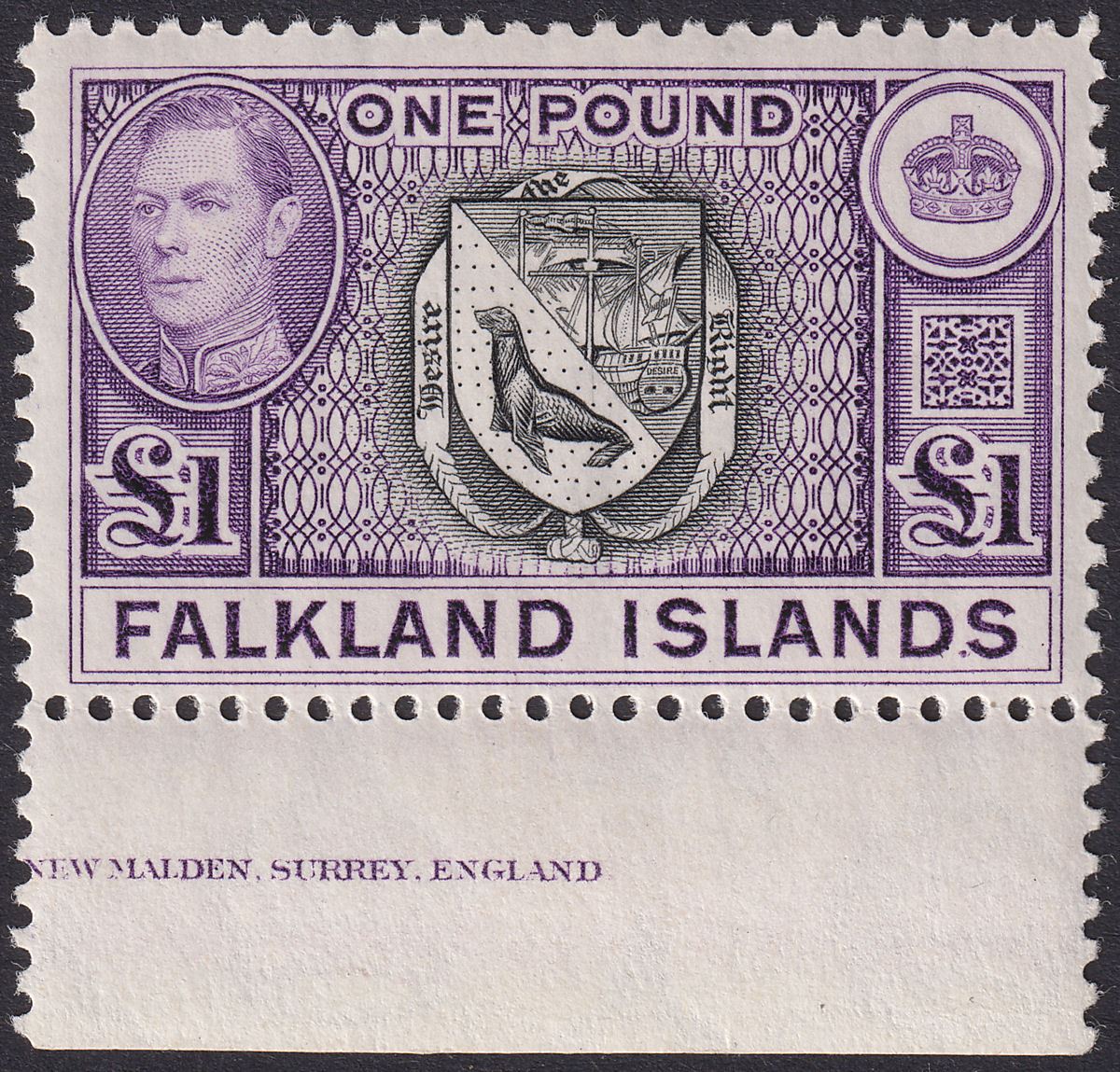 Falkland Islands 1938 KGVI £1 Blk + Reddish Violet Imprint UM Mint SG163 second