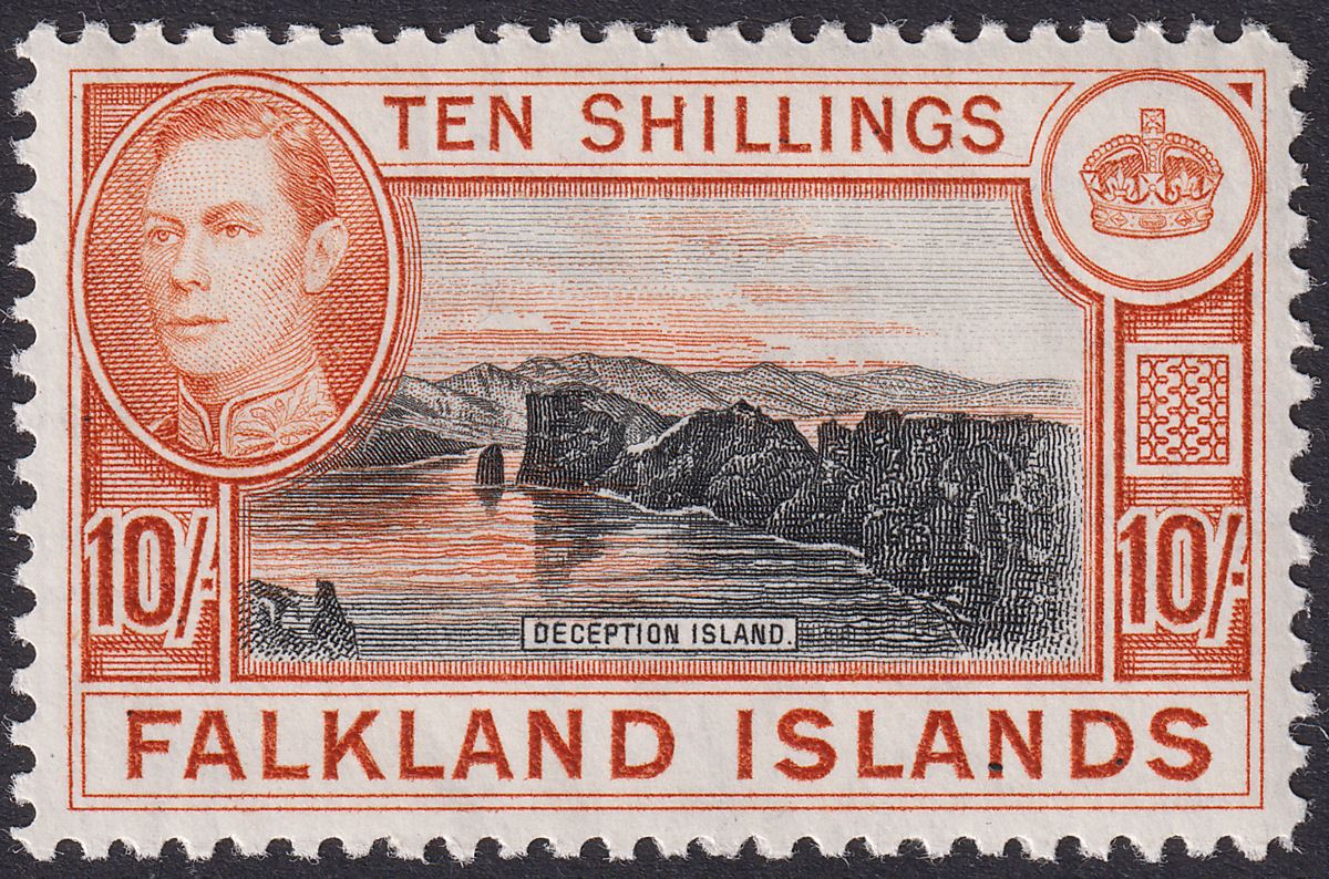Falkland Islands 1942 KGVI 10sh Black and Light Orange Mint SG162a cat £350