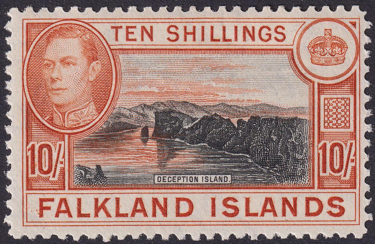 Falkland Islands 1949 KGVI 10sh Black and Red-Orange Mint SG162b cat £140