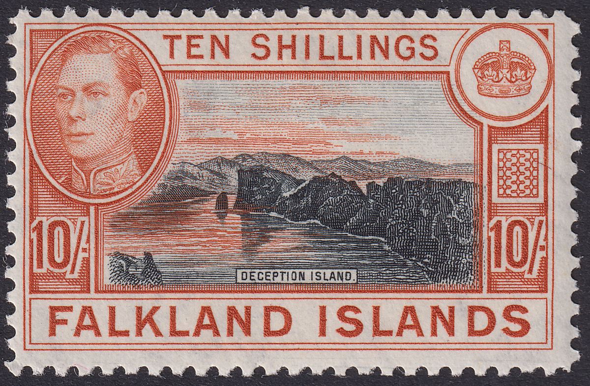 Falkland Islands 1950 KGVI 10sh Black + Deep Reddish Orange Mint SG162c cat£1000
