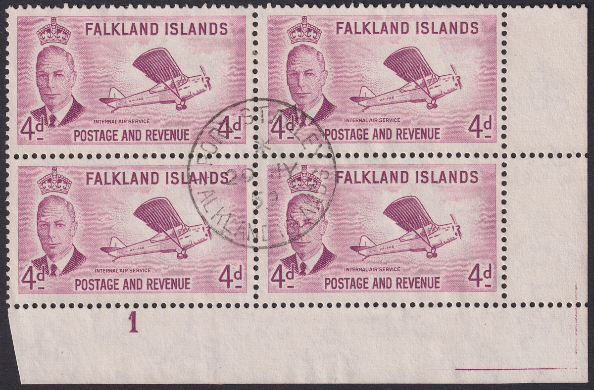 Falkland Islands 1952 KGVI 4d Block w Broken Frame Variety Used SG177a cat £60