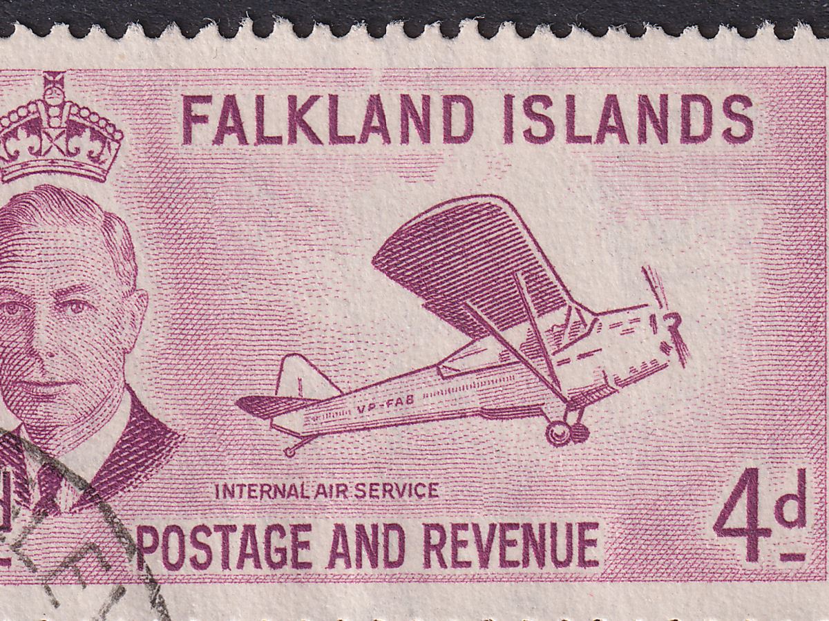 Falkland Islands 1952 KGVI 4d Block w Broken Frame Variety Used SG177a cat £60