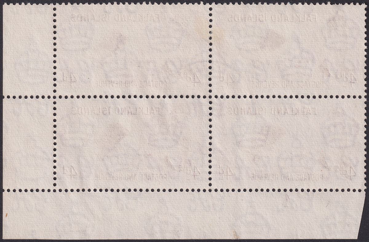 Falkland Islands 1952 KGVI 4d Block w Broken Frame Variety Used SG177a cat £60