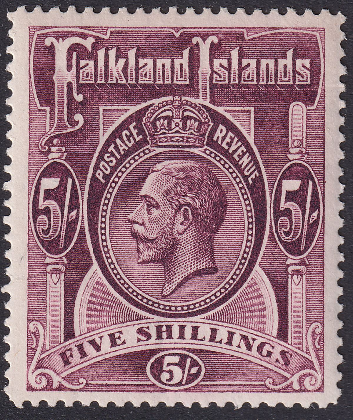 Falkland Islands 1916 KGV 5sh Maroon Mint SG67b cat £140