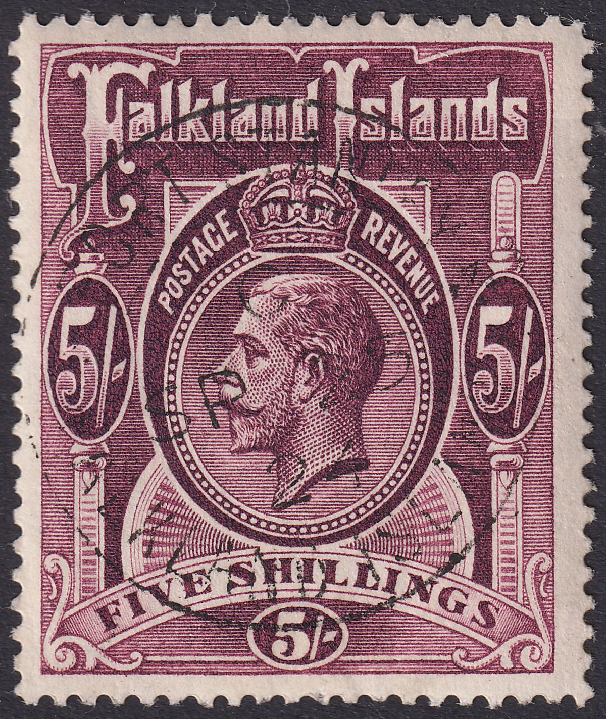Falkland Islands 1916 KGV 5sh Maroon Used SG67b cat £170