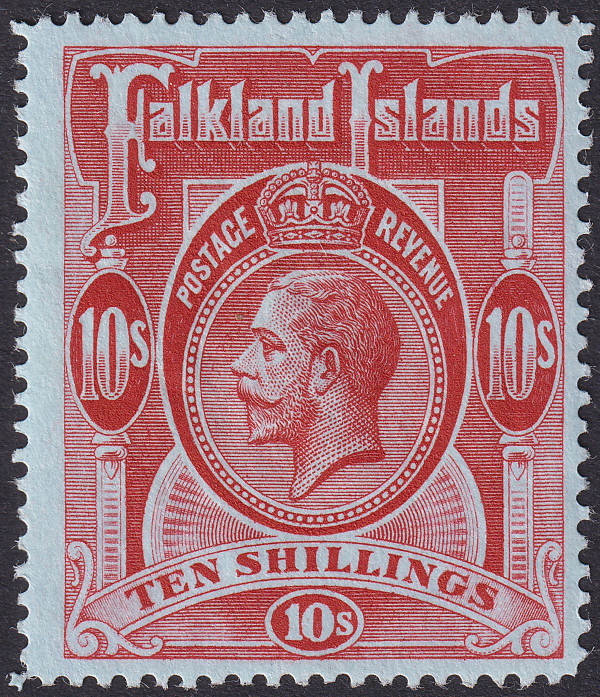Falkland Islands 1914 KGV 10sh Red on Green* Unused SG68 no gum c£200 as mint