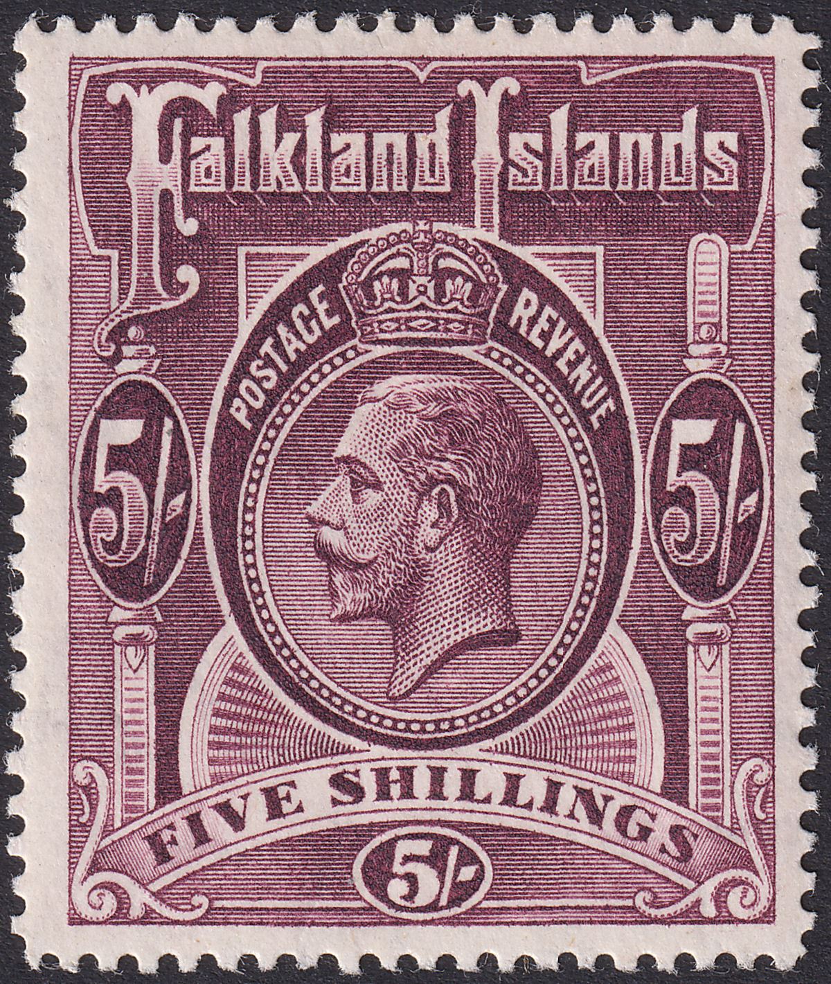 Falkland Islands 1914 KGV 5sh Reddish Maroon Mint SG67a cat £350