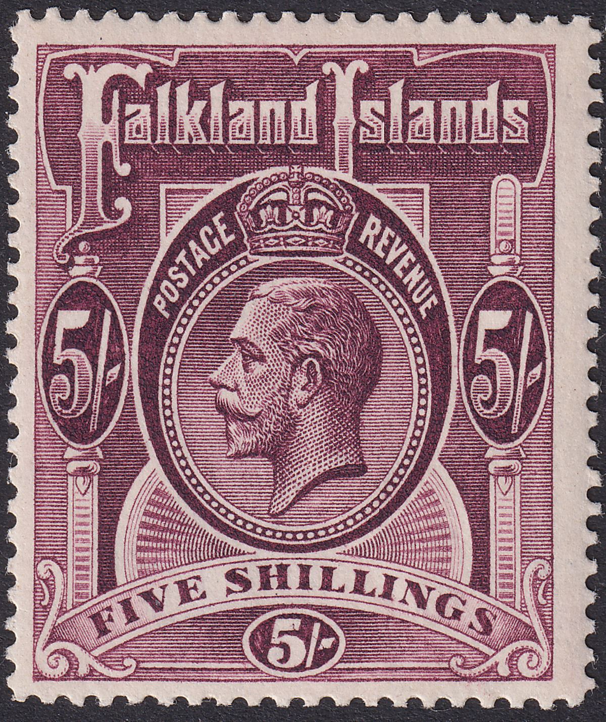 Falkland Islands 1916 KGV 5sh Maroon Mint SG67b cat £140