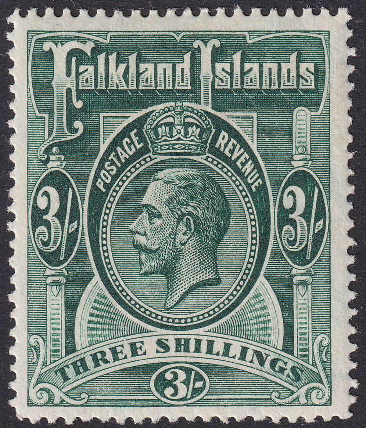 Falkland Islands 1912 KGV 3sh Slate-Green Mint SG66 cat £100