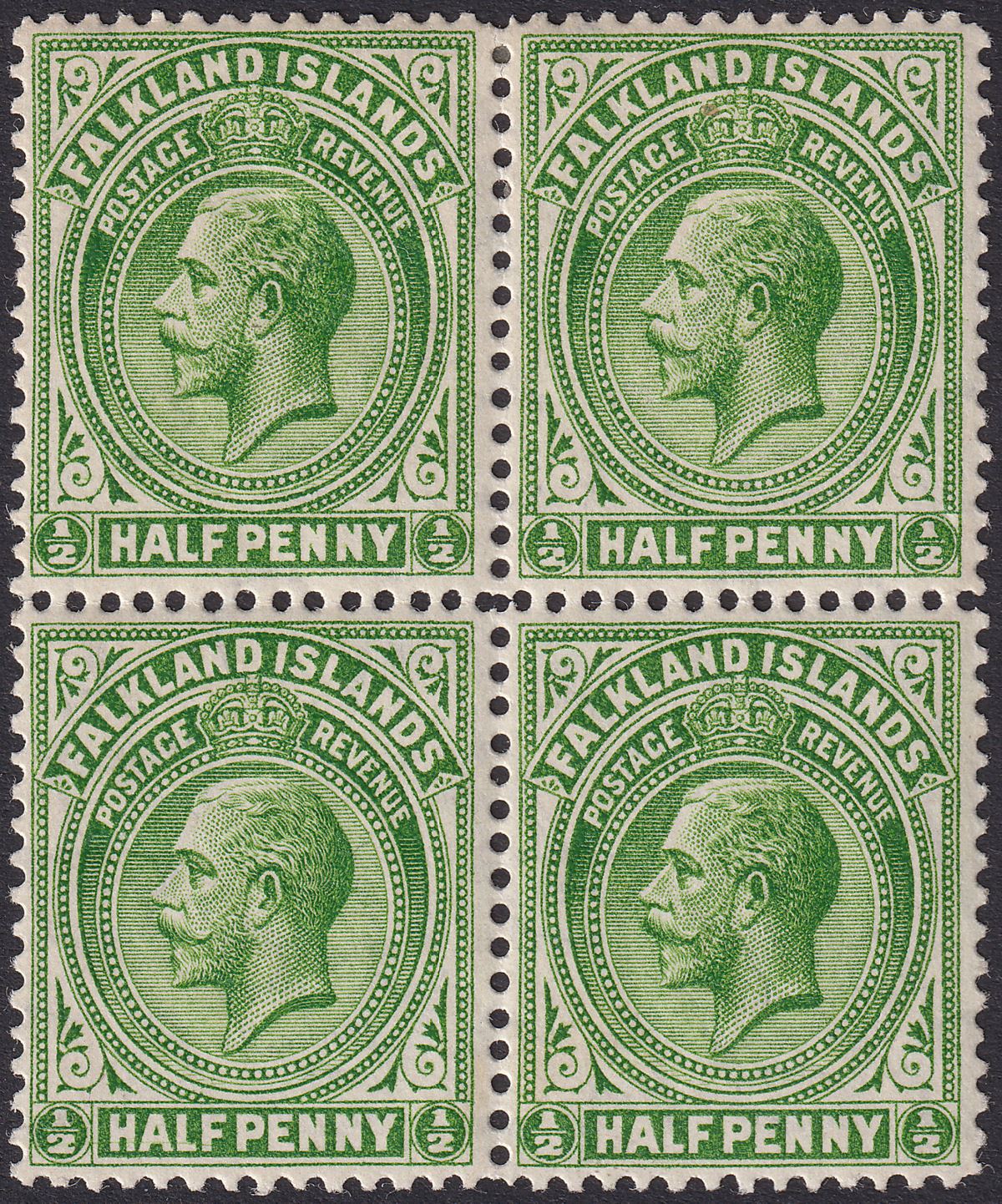 Falkland Islands 1914 KGV ½d Deep Yellow-Green Line Perf Block of 4 Mint SG60b