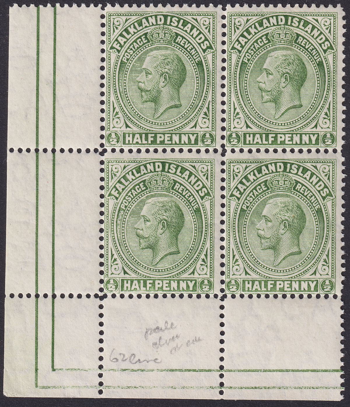 Falkland Islands 1918 KGV ½d Deep Olive Line Perf Block of 4 Mint SG60ba cat £96