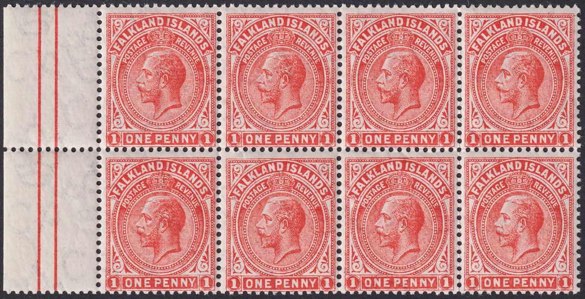 Falkland Islands 1919 KGV 1d Orange-Vermilion Block of 8 Mint SG61c cat £60