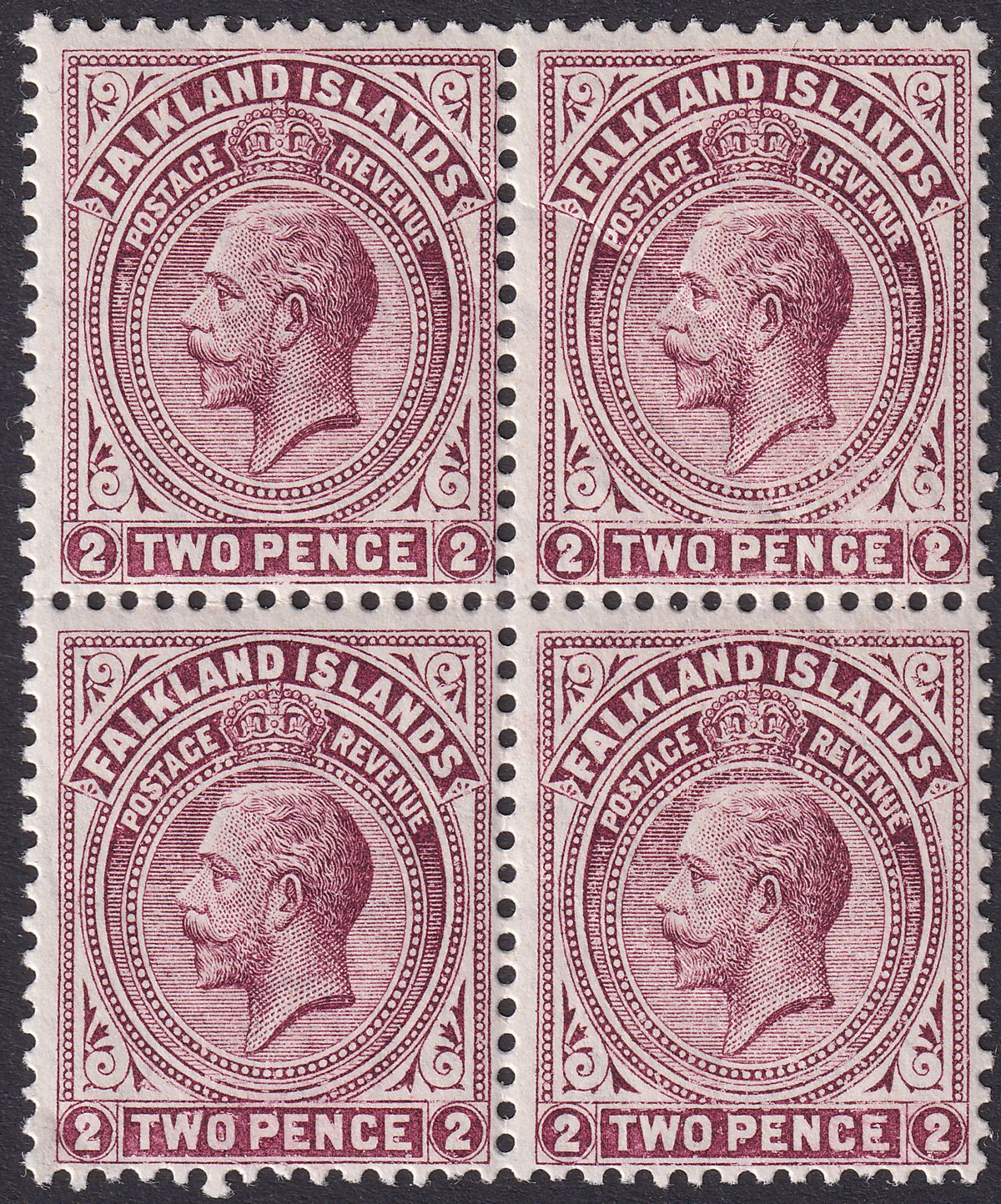Falkland Islands 1919 KGV 2d Deep Reddish Purple Block of 4 Mint SG62c cat £48