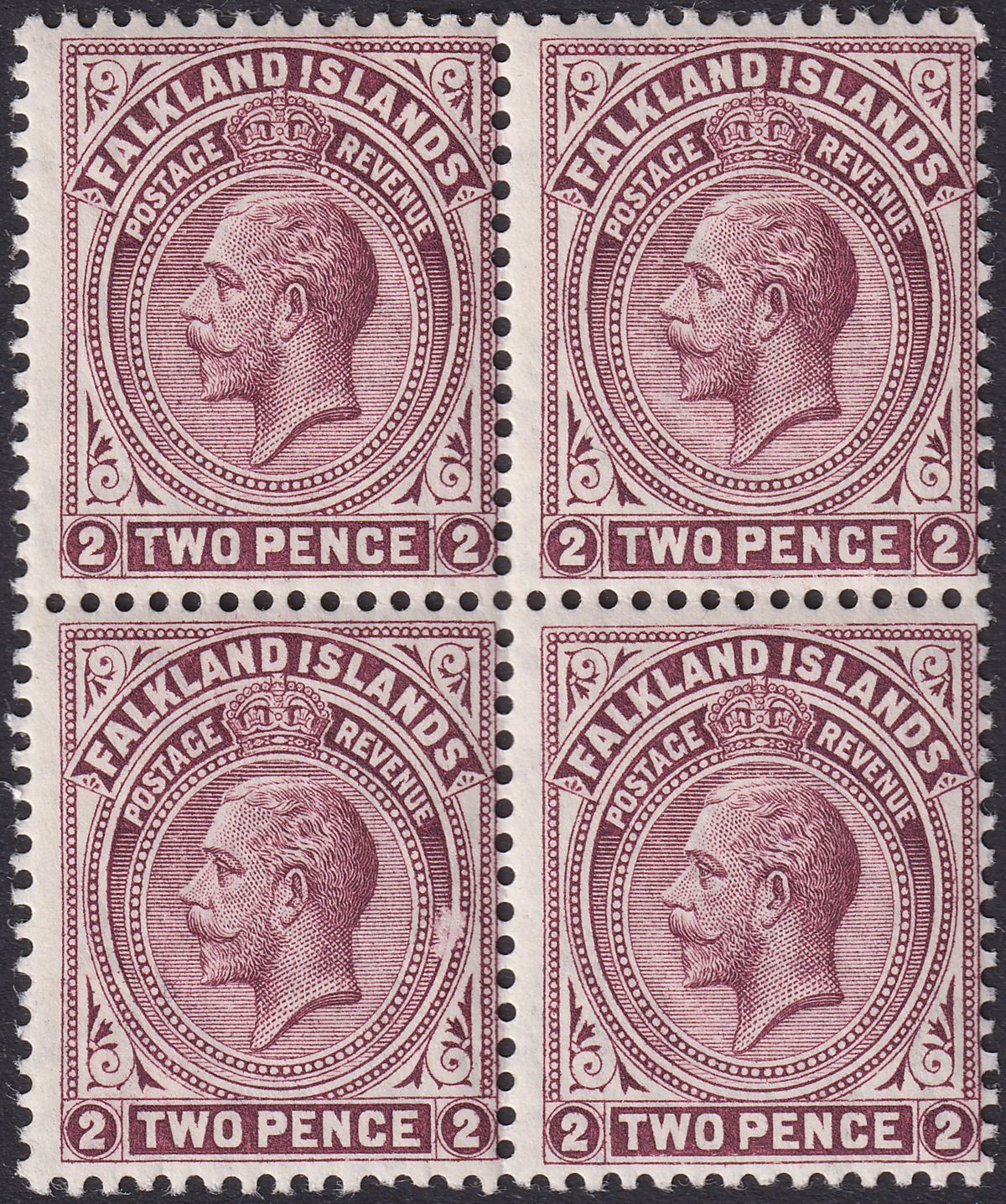 Falkland Islands 1912 KGV 2d Maroon Block of 4 Mint SG62 cat £128 small scrape