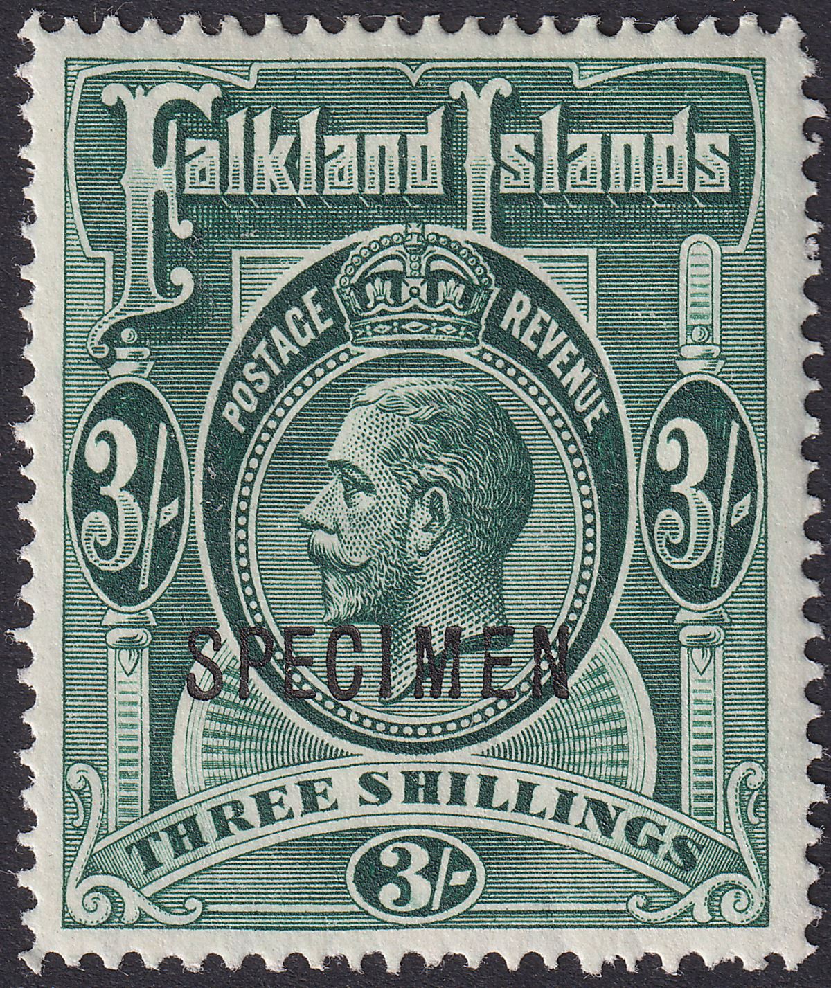 Falkland Islands 1912 KGV SPECIMEN 3sh Slate-Green Mint SG66s