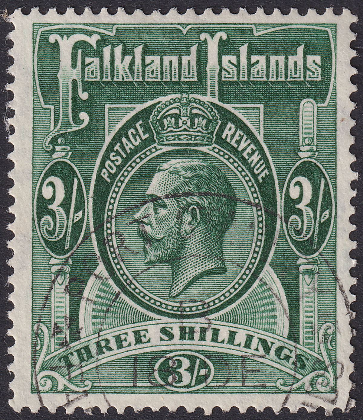 Falkland Islands 1923 KGV 3sh Slate-Green Used SG80 cat £170