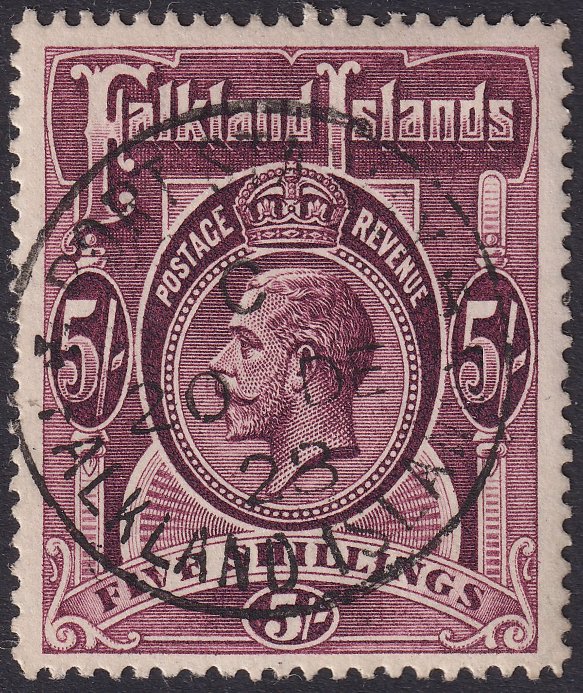Falkland Islands 1916 KGV 5sh Maroon CTO Used SG67b cat £170