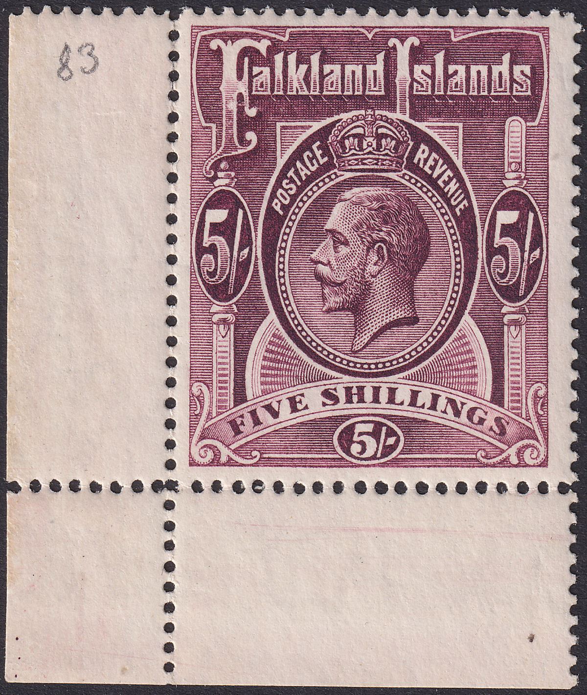 Falkland Islands 1916 KGV 5sh Maroon Corner Marginal UM Mint SG67b cat £140