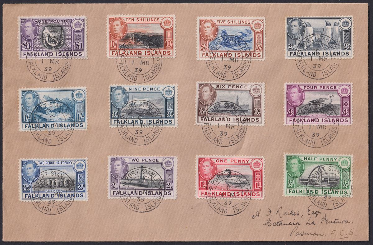 Falkland Islands 1939 KGVI Full Set with 5sh 10sh £1 Used on Cover to Argentina