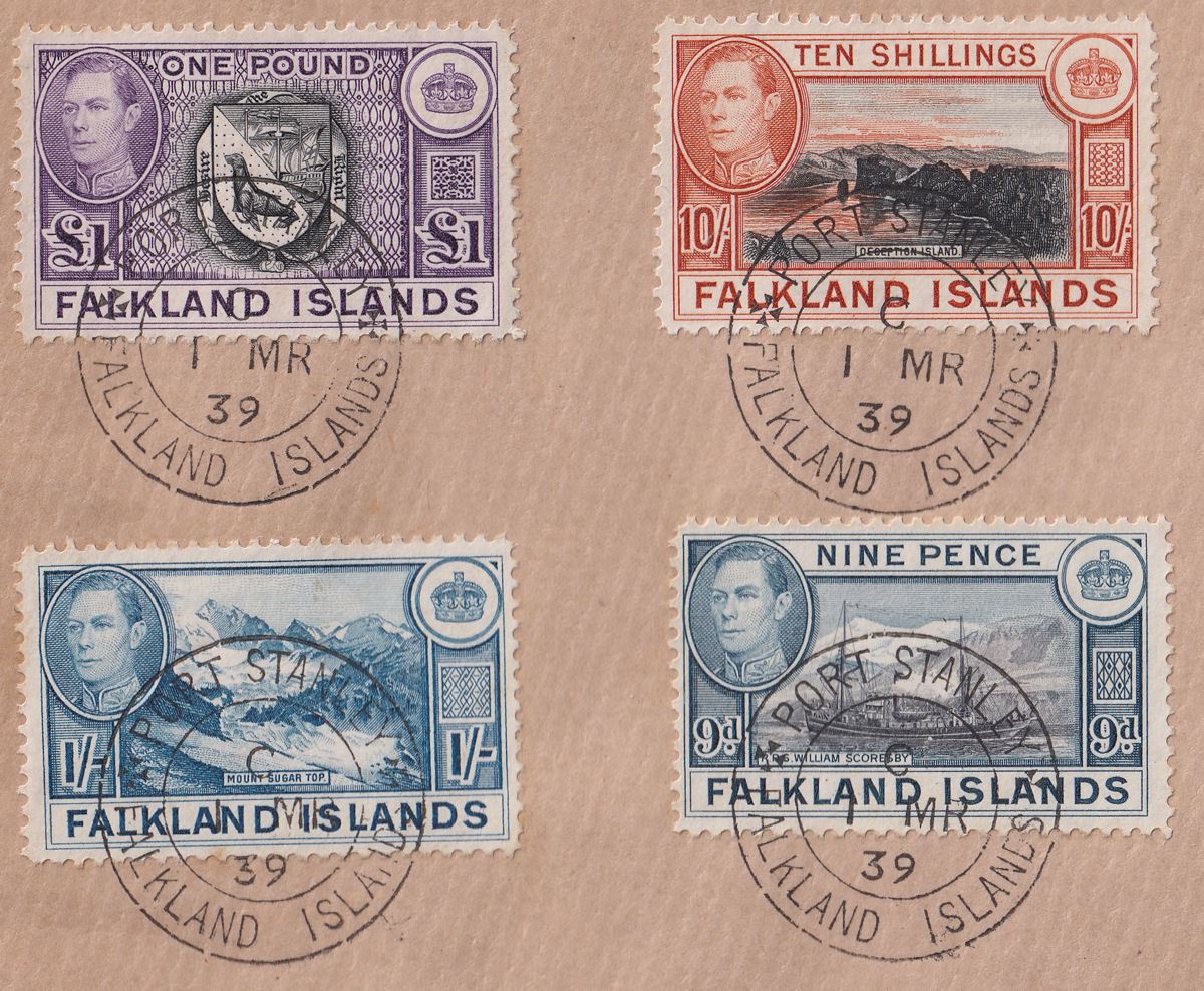 Falkland Islands 1939 KGVI Full Set with 5sh 10sh £1 Used on Cover to Argentina