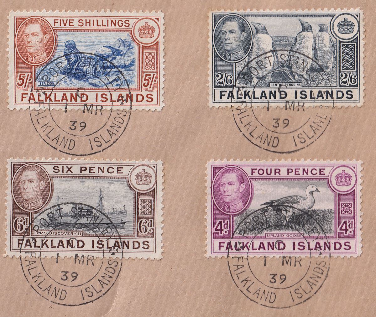 Falkland Islands 1939 KGVI Full Set with 5sh 10sh £1 Used on Cover to Argentina