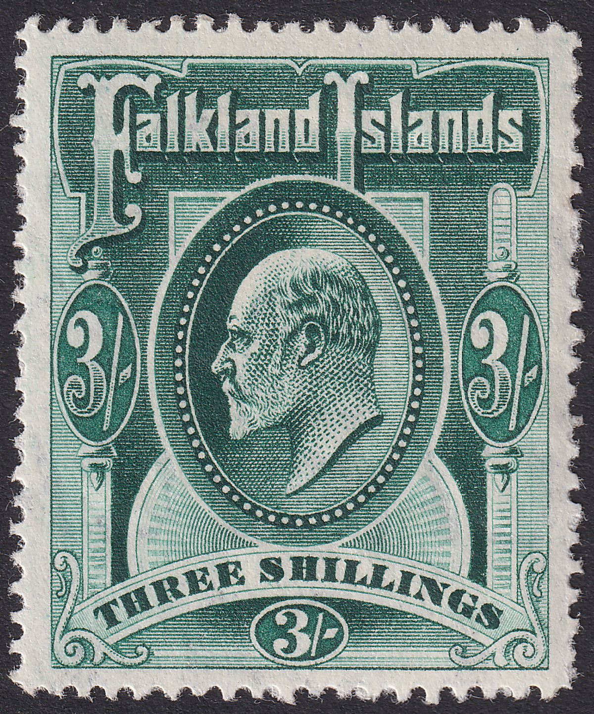 Falkland Islands 1907 KEVII 3sh Deep Green wmk Reversed Mint SG49bx cat £4500
