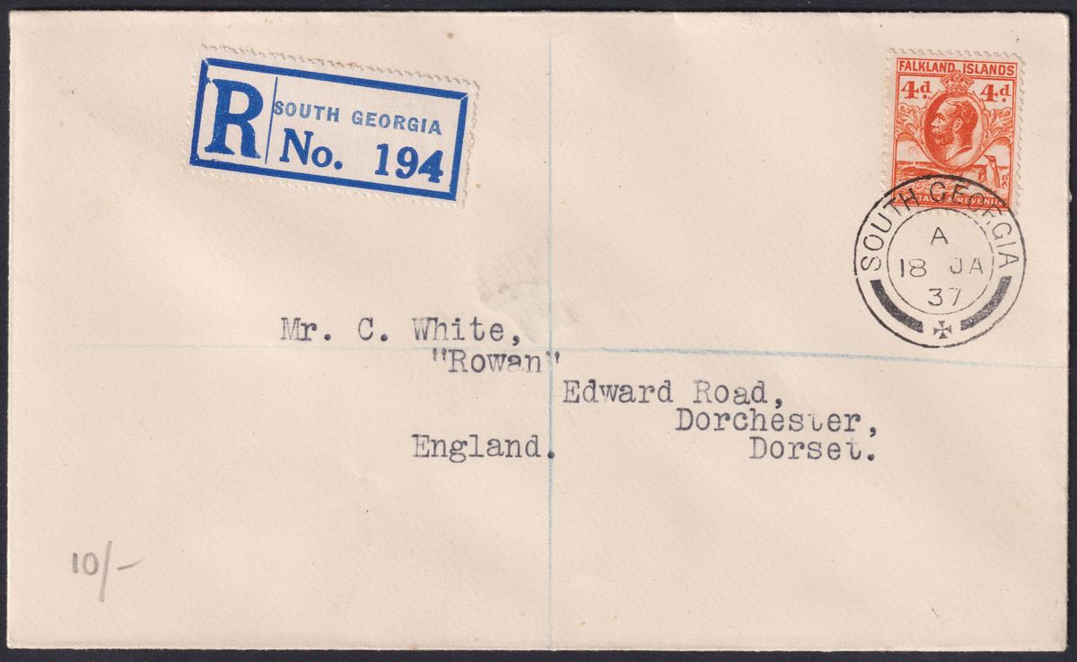 Falkland Islands 1937 KGV Whale Penguins 4d Used Cover SOUTH GEORGIA - UK SG Z47