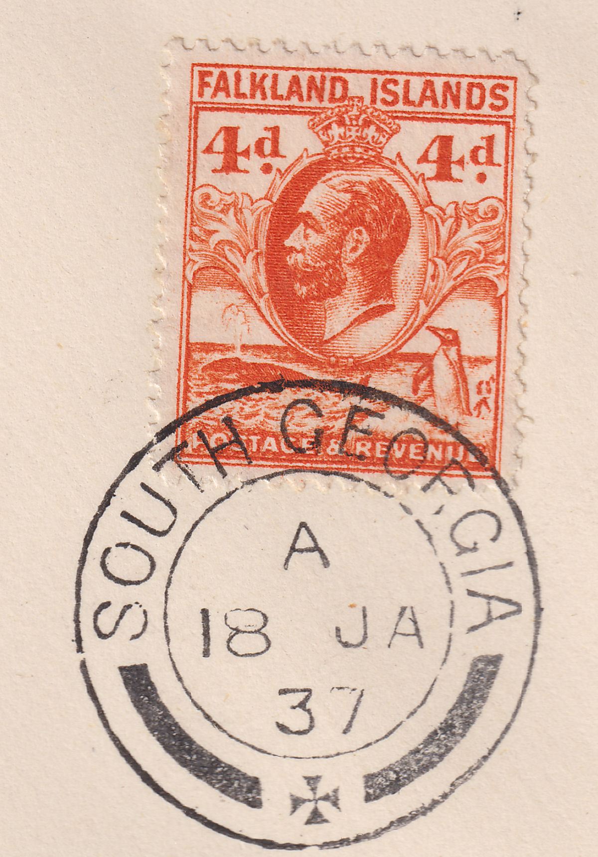 Falkland Islands 1937 KGV Whale Penguins 4d Used Cover SOUTH GEORGIA - UK SG Z47