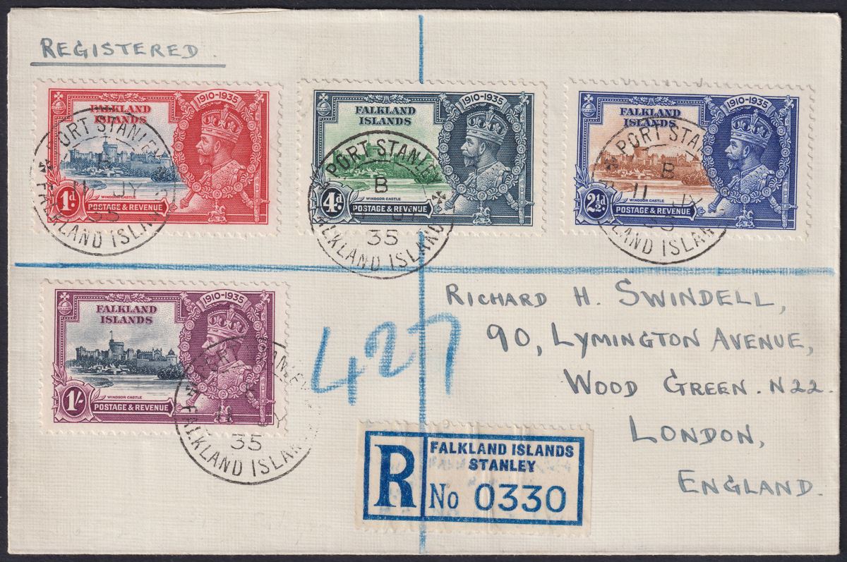 Falkland Islands 1935 KGV Silver Jubilee Set Used on Registered Cover to UK