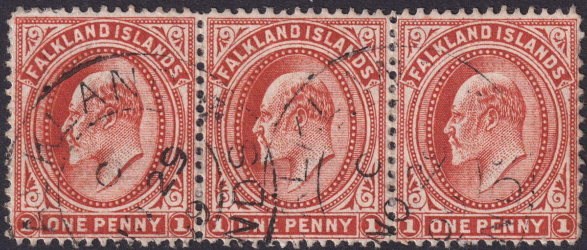 Falkland Islands 1908 KEVII 1d Dull Coppery Red Thick Paper Strip 3 Used SG44d