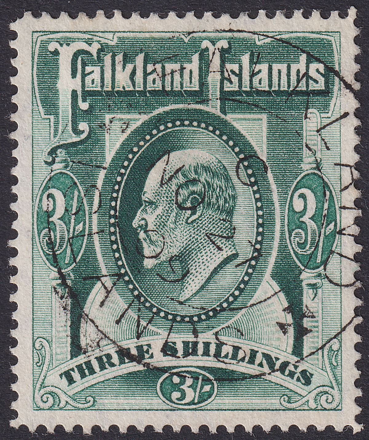 Falkland Islands 1904 KEVII 3sh Green Used SG49 cat £180