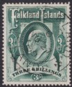 Falkland Islands 1904 KEVII 3sh Green Used SG49 cat £180