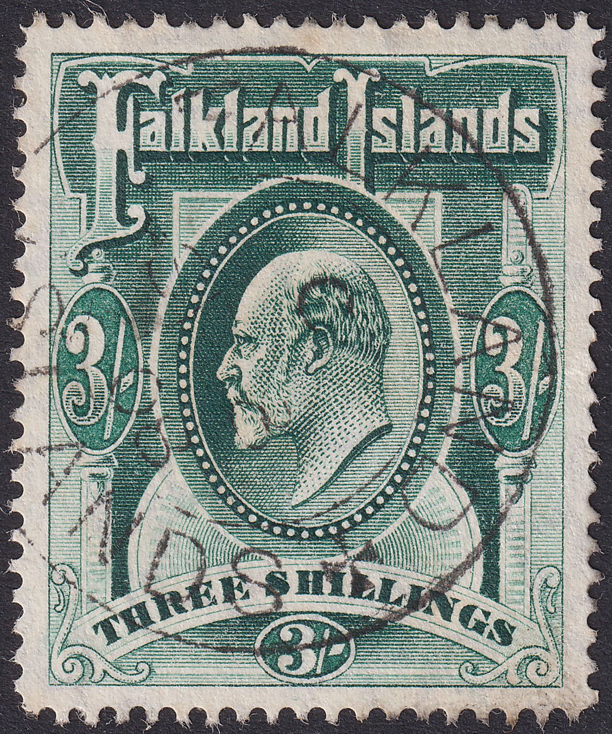 Falkland Islands 1904 KEVII 3sh Green Used SG49 cat £180